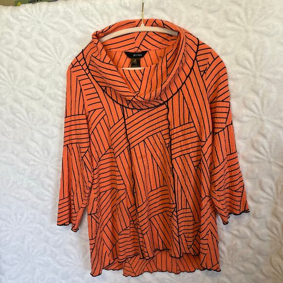 Ali Miles cowl neck top scalloped hem orange w/ black stripes size M - Picture 1 of 4